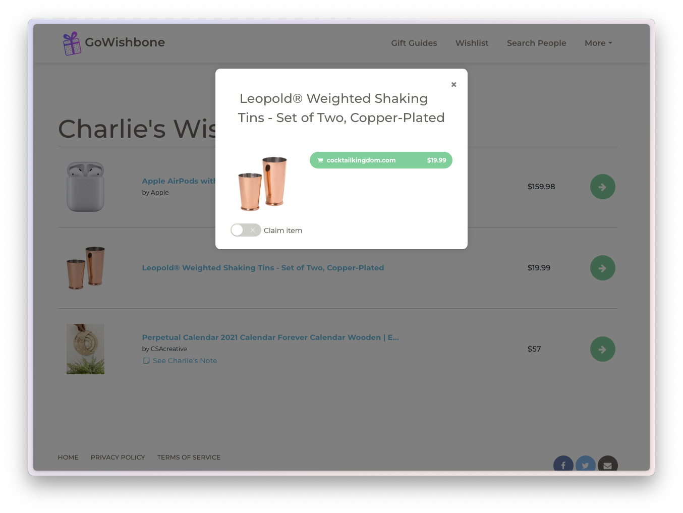 Claiming an item on Charlie's wishlist