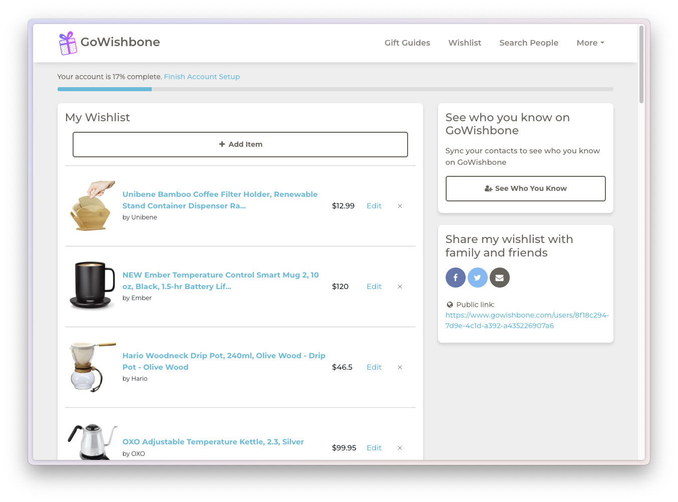 GoWishbone home page for authenticated users