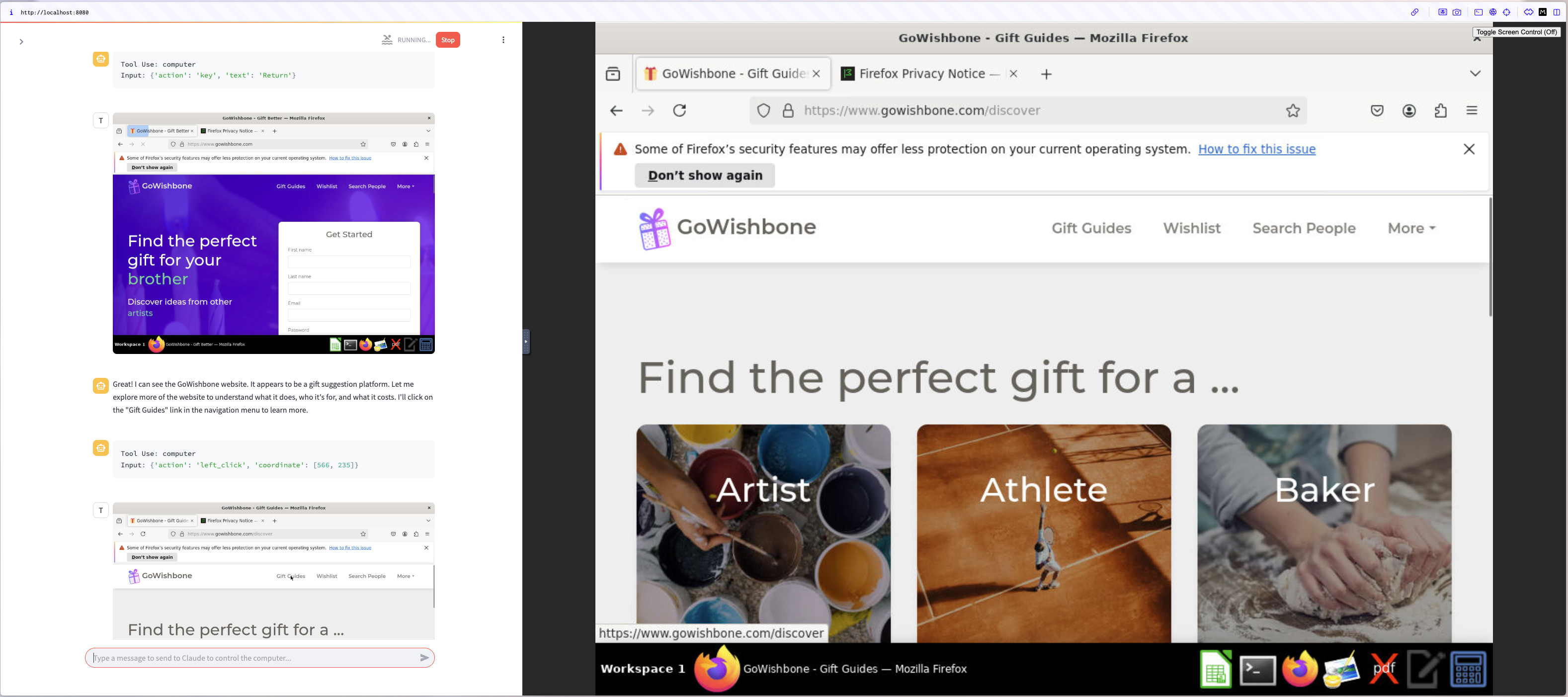 Claude (Computer Use) testing GoWishbone